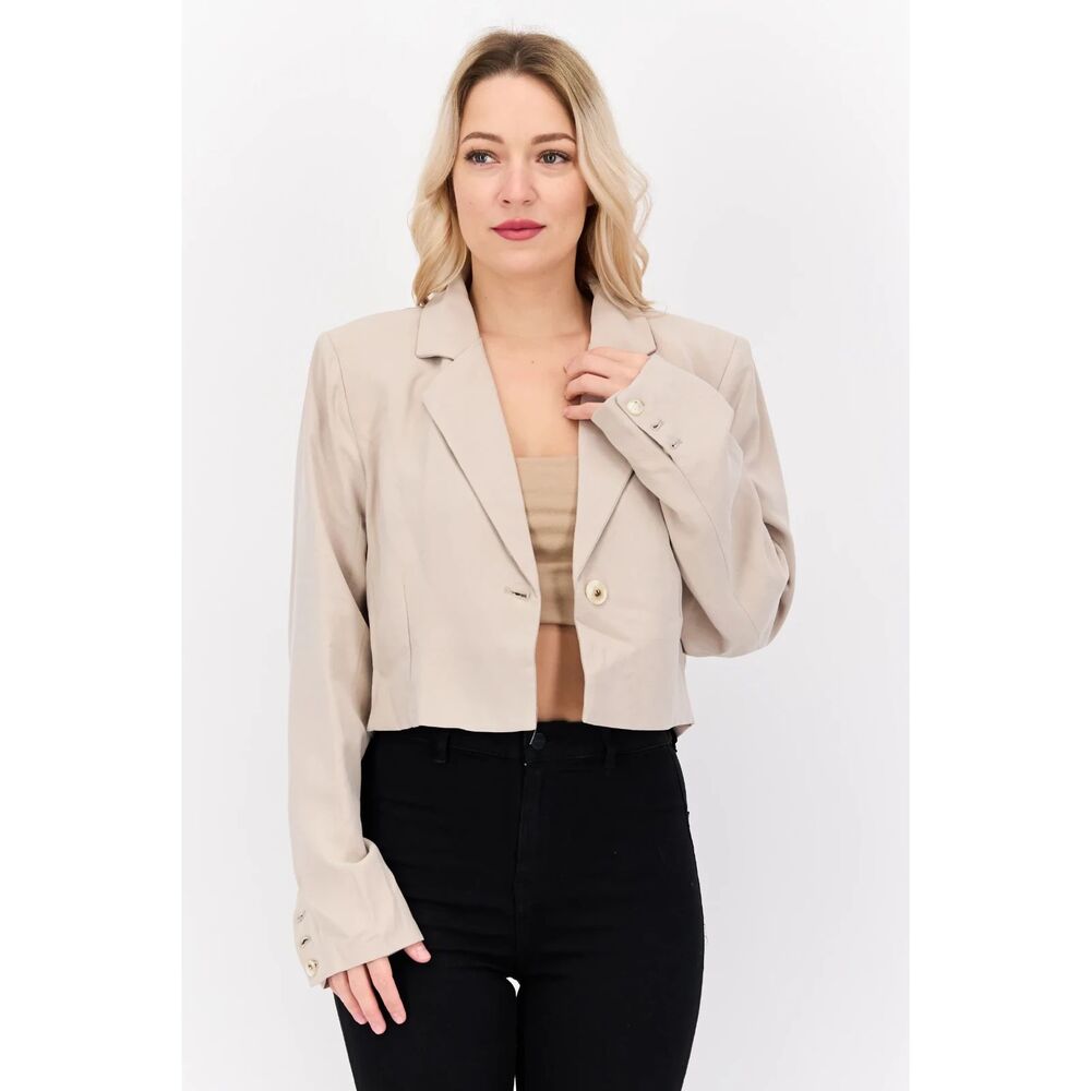 NIA Women Regular Fit Single Breasted Cropped Blazer, Light Grey